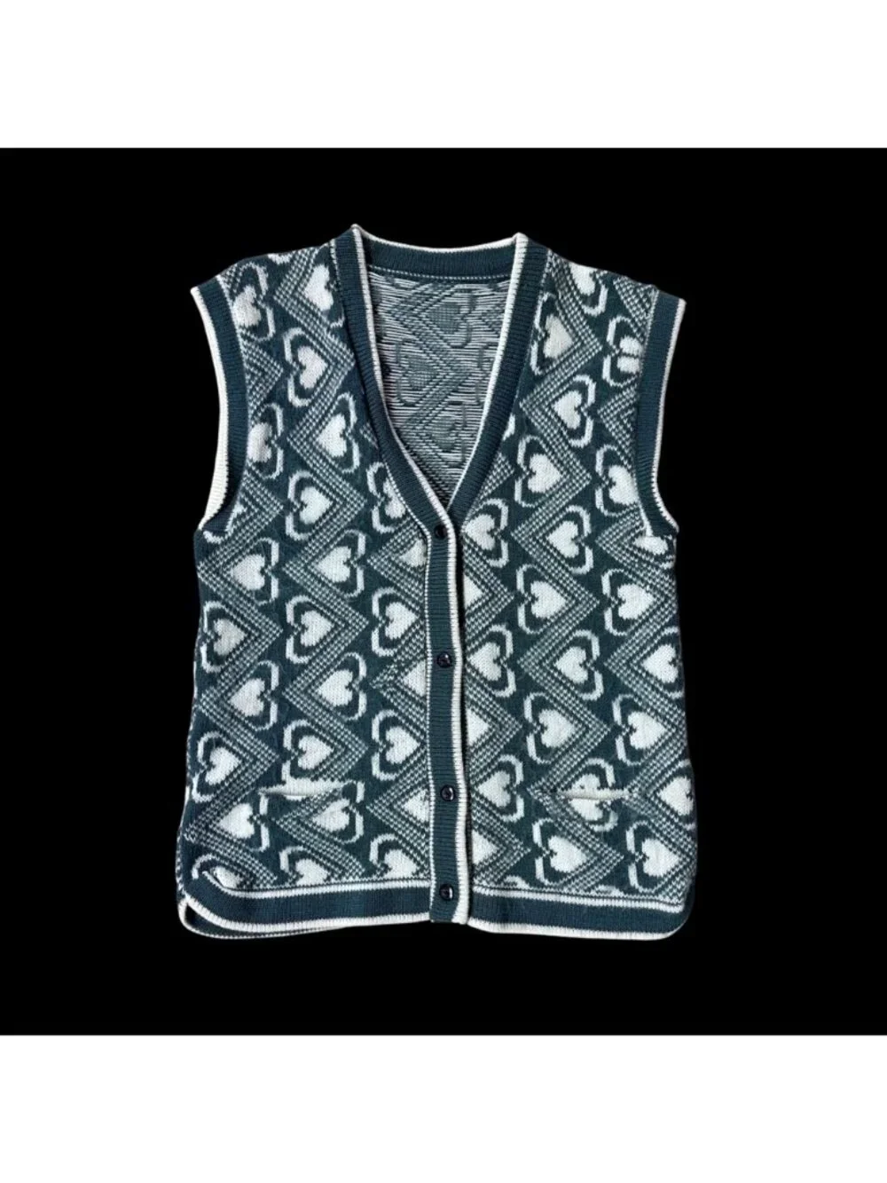 Vintage Sweater Vest Green White Hearts Romantic Cottage Button Up Shirt Retro - Picture 2 of 7